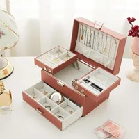 Jewelry Boxes Three-layer Jewelry Organize Box Large Portable Earrings Rings Storage Case PU Necklace Display Gift For Girls Jewelers Joyero 230204