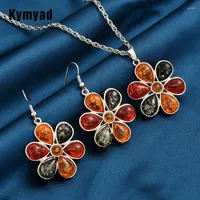 Necklace Earrings Set Kymyad Retro Flower Jewelry For Women Resin Stone Sets Bijoux Geometric