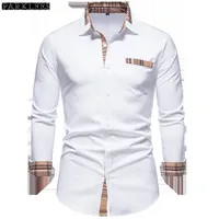 Men's Casual Shirts PARKLEES Autumn Plaid Patchwork Formal Shirts for Men Slim Long Sleeve White Button Up Shirt Dress Business Office Camisas 230204