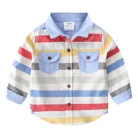 Kids Shirts Spring Autumn 2-8 10 12 Years Long Sleeve Pocket Colorful Striped Color Patchwork Cotton Baby Kids Boy Shirts For Children 230204