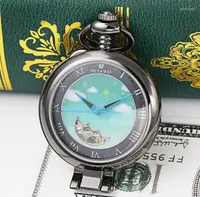 Pocket Watches 10pcs lot Vintage Black Standable Mechanical Watch Green Dial Skeleton Magnifier Men Steampunk Wholesale