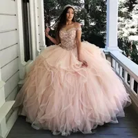 Charming Ruffles Tiered Light Pink Quinceanera Dresses Off the Shoulder Appliques Bead Sweet 16 Dress Corset Back Tulle Prom Gowns