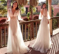 Sexy See Through Tulle A Line Wedding Dresses With Long Sleeves Fairy Style Deep V Neck Boho Bridal Gowns Robes de Mariee Backless Rustic Country Bride Vestidos CL1784