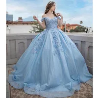 Glitter Tulle Quinceanera Dresses Floral 3D Flowers Applique Crystal Beads Off The Shoulder Corset Back Sweet 16 Dress Graduation Pageant Gowns 2023