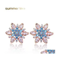 Stud Rose Gold Sier Color Romantic Snowflake Flower Blue Crystals Clear Cz Earrings For Women Boho Wedding Jewelry Exquisite Lady Dr Dhvcj