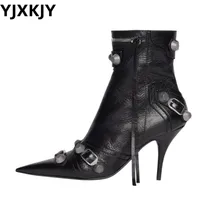 Boots YJXKJY Women Slim High Heel Metal Buckle Chain Luxury Shoes Fashion Comfortable Pointed Toe Ankle Boots Stiletto Short Boots 230204