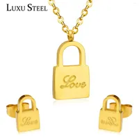 Necklace Earrings Set LUXUSTEEL Lock Necklaces Bijoux Party Gold Color Pendant Wedding 2023 Collier Wholesale