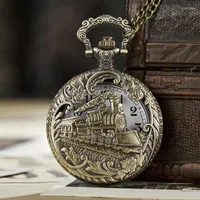 Pocket Watches Vintage Steampunk Charm Steam Carved Train Fob Quartz Watch Cute Stationary Necklace Chain Pendant Clock Women Men Gift