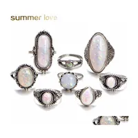 Pierścienie klastra duże vintage opal 8 szt. Zestaw pierścienia kostki dla kobiet Sliver Kolor Geometryczny wzór stylu styl biżuterii Drop de dhzie