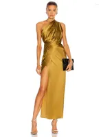 Casual Dresses Ailigou 2023 Fashion Women'S Satin Gold Sexy Tight-Fitting Long Dress With Slits One-Shoulder Draped Celebrity Party