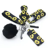 7pcs Self Defense Key Rings Set Pompom Hand Sanitizer Strap Lipstick Holder Whistle Key Chains Bottle Opener for Women Men Gift Neoprene Wristlet Lanyard Keychains