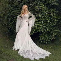 Boho Lace A-Line Wedding Dresses Long Flare Sleeves V-neck Beach Fairy Bridal Gowns Long Train Bride Vestido De Novia 2023