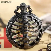 Pocket Watches Vintage Black Spine Ribs Style Mechanical Watch Men Hollow Steampunk Skeleton Clock Roman With Fob Chain