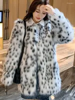 Women's Fur Faux Coat Women Long Thicken Korean Fluffy Women's Windproof Outwear Elegant Femme Winter Warm Leopard Print Speck Coats