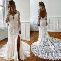 2023 Boho Lace Mermaid Wedding Dresses Bridal Gown Long Sleeves Sexy Backless Sweep Train Ruffles Custom Made Vestidos de novia Plus Size