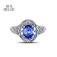 Cluster Rings HELON 8X6mm Oval Genuine Sapphire Engagement Wedding Ring Setting Solid 18k White Gold AU750 Gemstone Women Vintage Jewelry