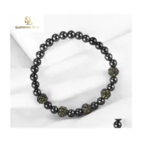 Beaded Strands Handmade 6Mm Glossy Black Nature Stone Beads Bracelet For Women Men Elastic Jewelry Gift Wholesale Drop Delivery Brac Dhmxk