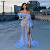 Party Dresses Blue Transparent Off Shoulder Long Prom Dress Side Slit Organza Luxury Evening Celebrity For Women Gown