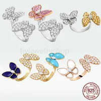 VAC 4 Vier Blattklee Designer Schmetterlinge Bandring mit Diamant Original 925 Silber Sterling 18K Gelbgold Schmuck Verlobungspaar Ring Frauen Muttertag