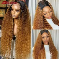 Curly Ombre Human Hair Wig 1B 27 Blonde Lace Front Wigs Pre Plucked T Part 13x6x1 180% Density Remy Bleached Knots