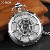 Pocket Watches Luxury Silver Rudder Hollow Design Mechanical Hand-wind Watch Unique Double-sided Opening Skeleton Fob Chain