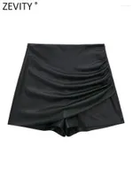 Женские шорты Zevity Женщины с высокой талией дизайн складки тонкие юбки офисная леди боковая молния кожаная шика
