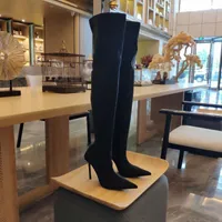Black knife shark over-the-knee stiletto heels boots Stretch Shiny spandex crepe jersey point toes thigh-high boot for women luxury des Xocu