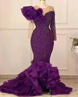 아랍어 ASO EBI Purple Mermaid Evening Dresses Illusion Long Sleeve Beaded Tulle Prom 공식 파티 두 번째 리셉션 가운