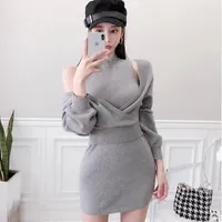 Women's Sweaters 2023 Winter Two-Suit Fashion Women Clothing Korean Ladies Sexy Bat Sleeves Bodycon Bag Hip One-Piece Knitted Sweater Dress