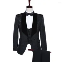 Men's Suits Floral Slim Fit Men Black Velvet Wedding Tuxedo For Groomsmen 3 Piece Shawl Lapel Jacket With Vest Pants Male Fashion