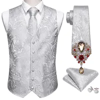 Men's Vests 5PCS Designer Mens Wedding Suit Vest Silver Paisley Jacquard Folral Silk Waistcoat Tie Brooches Vest Set Barry.Wang Groom 230207