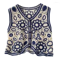 Women's Vests Boho Women Crochet Knit Vest Waistcoat Vintage Colorful Floral Pattern Sleeveless Cardigan Jacket Hippie V-Neck Crop Top
