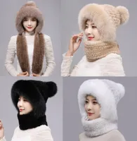 Women's Real Mink Fur Hat Scarf One-Pieces Winter Warm Cap Headwear Hunting Ski