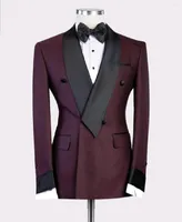 Men's Suits 2023 Burgundy Red With Black Lapel Men's Slim Fit Formal Custom Made 2 Pieces Wedding Tuxedos Jacket Pants