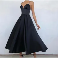 Party Dresses Black Backless A-Line Prom Dress Deep V-Neck Spaghetti Strap Evening Gowns -length Formal Gratuation Wear Vestidos De Noiva