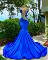 Royal Blue Sheer Crew Neck Long Mermaid Prom Dresses Black Girls 2023 Appliques Verjaardagsfeestje Backless avondjurken Robe de Bal 0207