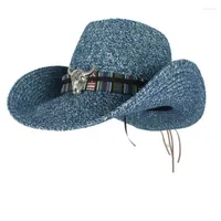 Berets Unisex Women Men Hollow Western Cowboy Hat Lady Summer Straw Bohemian Belt Sombrero Hombre Beach Cowgirl Jazz Sun Size 57-59Berets Ol