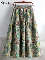 Skirts Qooth Spring Stitching Jacquard Floral Embroidery Mid-length A-line Skirt Women's High Waist Chic Elegant QT1676