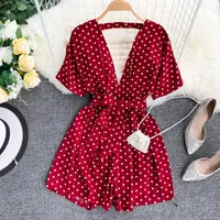 Women's Jumpsuits & Rompers Seaside Holiday Retro Dot Print Sexy V-collar Short Sleeve Chic Playsuits Women Beach Overalls G162