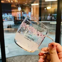 Cherry Blossom Season Mug Tumbler Romantic Sakura Style Color Changing Glass with Stirring Bar Transparent Drink Water C2333