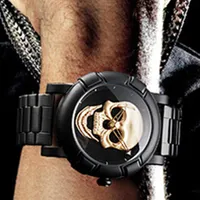 Cool Man Steampunk Skull Head Watch Men 3D Skeleton Clock Gold Black Punk Watches Male Quartz Wristwatch Mens reloj hombre relogio247N