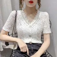 Camicie da donna camisa de manga corta con encaje y perlas para mujer Gasa cuello en v ropa ajustada novedad veno 2023