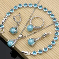Earrings Necklace Blue Pearl Costume Jewelry Sets Fashion 925 Silver Jewelry Kits Wedding Bridal Stones Bracelet Necklace Set Ladies Gift 230207