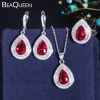 Necklace Earrings Set BeaQueen 3pcs CZ Crystal Jewellery Accessories Big Teardrop Rose Red Cubic Zirconia Anniversary For Women JS052