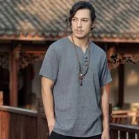 Ethnic Clothing Men V-neck Short Sleeve T-shirt Chinese Style Cotton Linen Qipao Tops Zen Tai Chi Hanfu Shirts Grey Casual