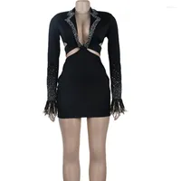 Casual Dresses Est Sexy Chic Cut-Out Rhinestone Feather Patchwork Blazer Dress Eleagnt Formal Sequins Business Party Outfits