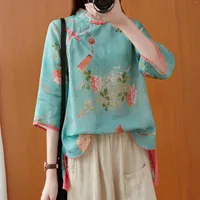 القميص العرقي على الطراز الصيني 2023 خريف الصيف الكتان القطن المطبوعة زهرة قصيرة Zen ملابس النساء فضفاضة أعلى السيدات بلوزة