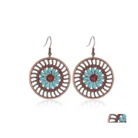 Charm Statement Bohemian Earrings Vintage Ethnic Tibetan Sier Long Big Hollow Round Drop Earring Carved Flowers Women Delivery Jewelr Dhqe0
