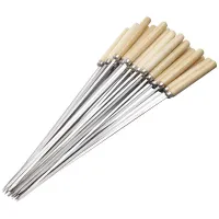BBQ Tools & Accessories Barbecue Skewer Wooden Handle Stainless Steel Kabob Skewers Outdoor Camping Kitchen BBQ Tools Flat Barbecue Sticks