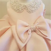 New Fashion Beaded Bow Flower Girl Dresses For Wedding Princess Fluffy Tulle Baby Girls Baptism Christening 1st Birthday Gown285B